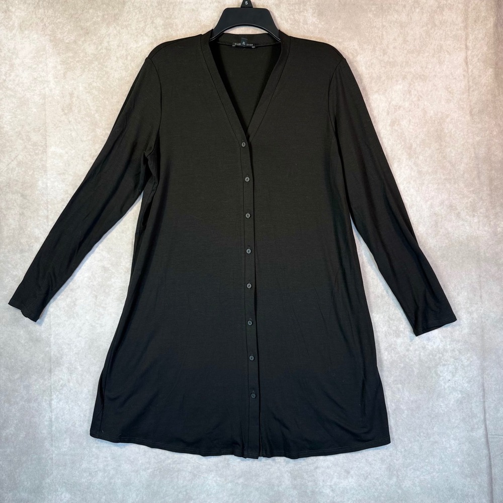 Eileen Fisher Black Tencel Button Front Long Sleeve Tunic Cardigan Dress Medium